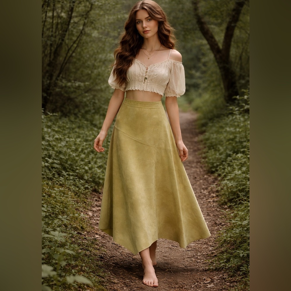 Pistachio Leather Asymmetrical Skirt Forest Fairy Earthy Boho Woodland Maxi/Midi